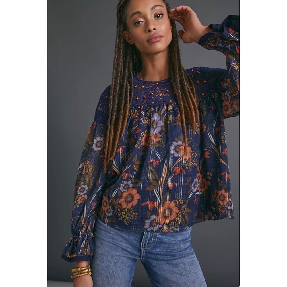 Anthropologie Navy Floral Blouse